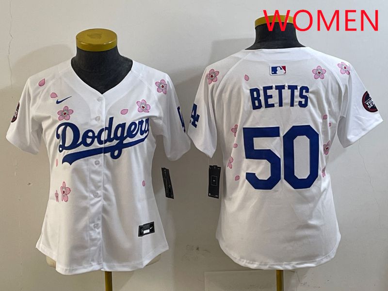 Women Los Angeles Dodgers #50 Betts White Sakura Edition 2025 Nike MLB Jersey style 9